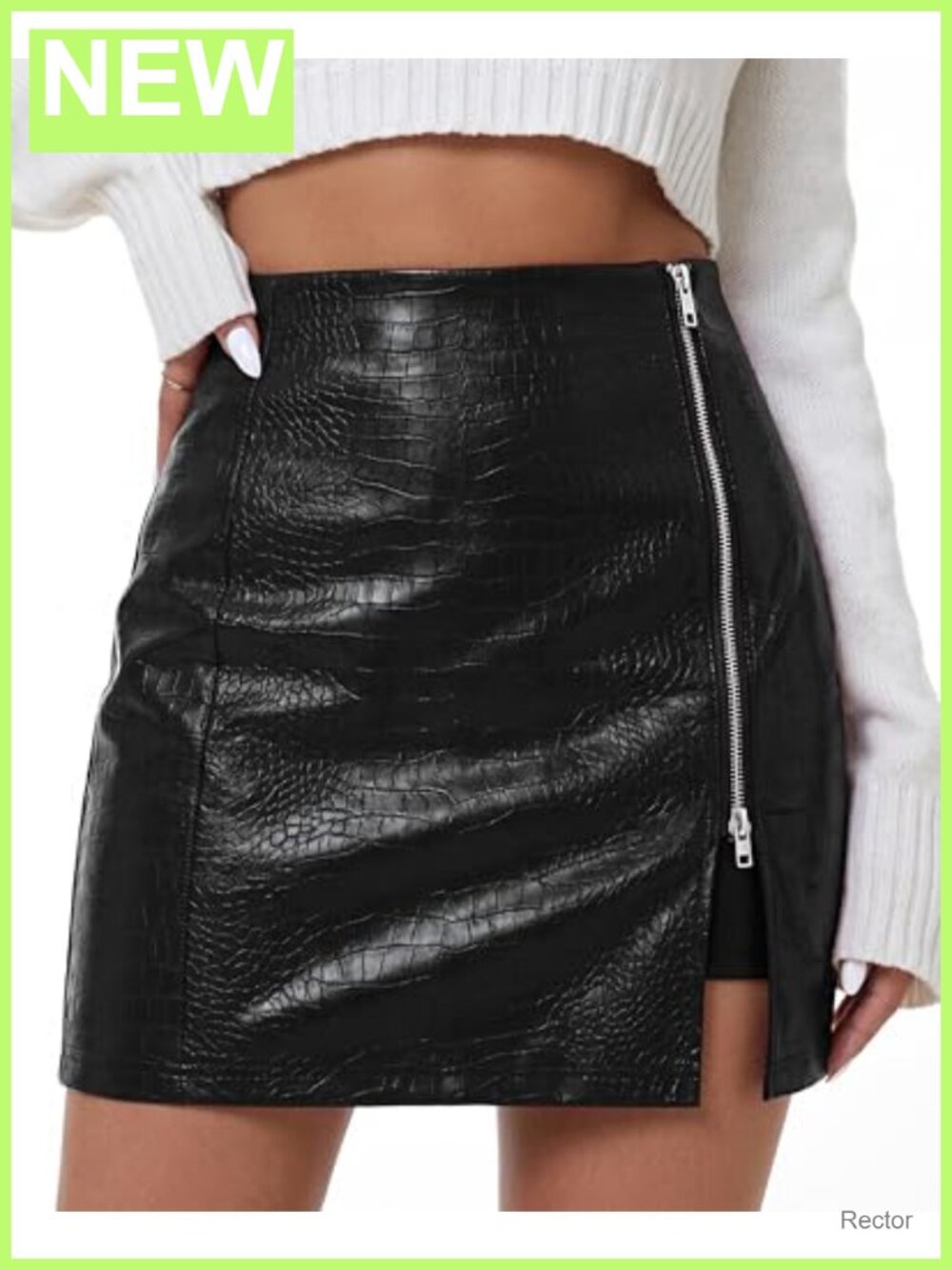 Faux Leather Mini Skirt High Waisted Bodycon Zipper Slit Stretchy Pencil